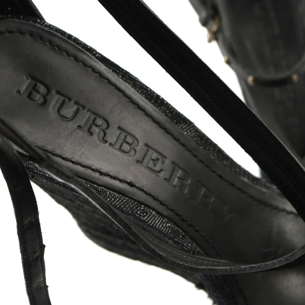 Burberry Womens Sandals Size 40 10 Black Leather Espadrille Wedge Studded Shoes